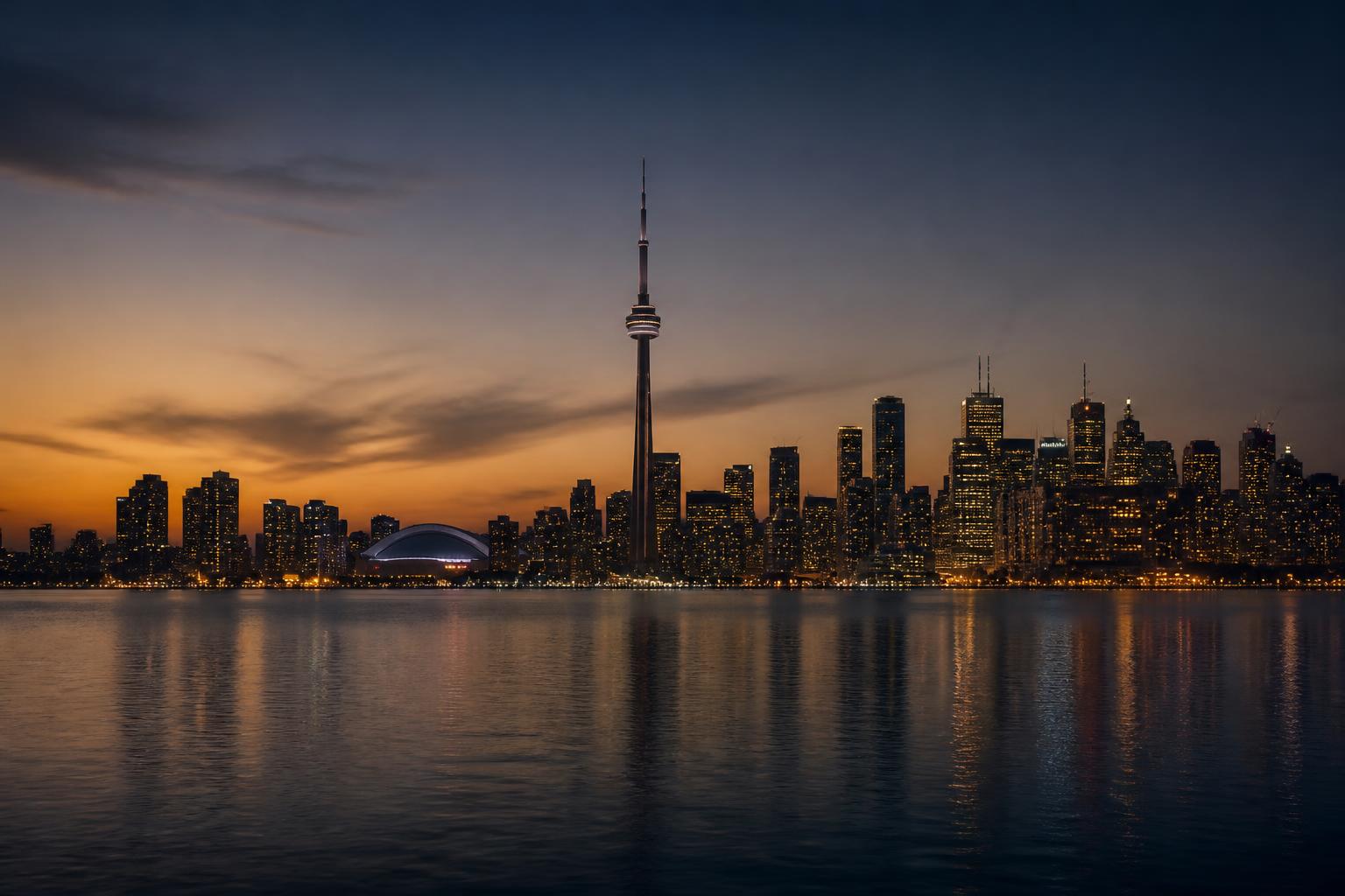 Toronto skyline at dusk across Lake Ontario